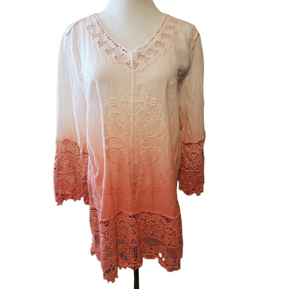 Chico's Womens Orange Ombre Embroidered Crochet Lace Trimmed Tunic Blouse Size M